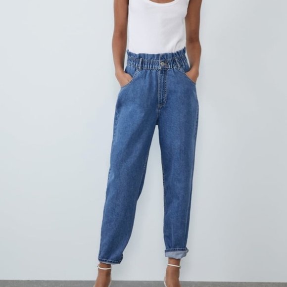 Zara Baggy Paperbag Mom Jeans 100% Cotton High Waisted Size 6